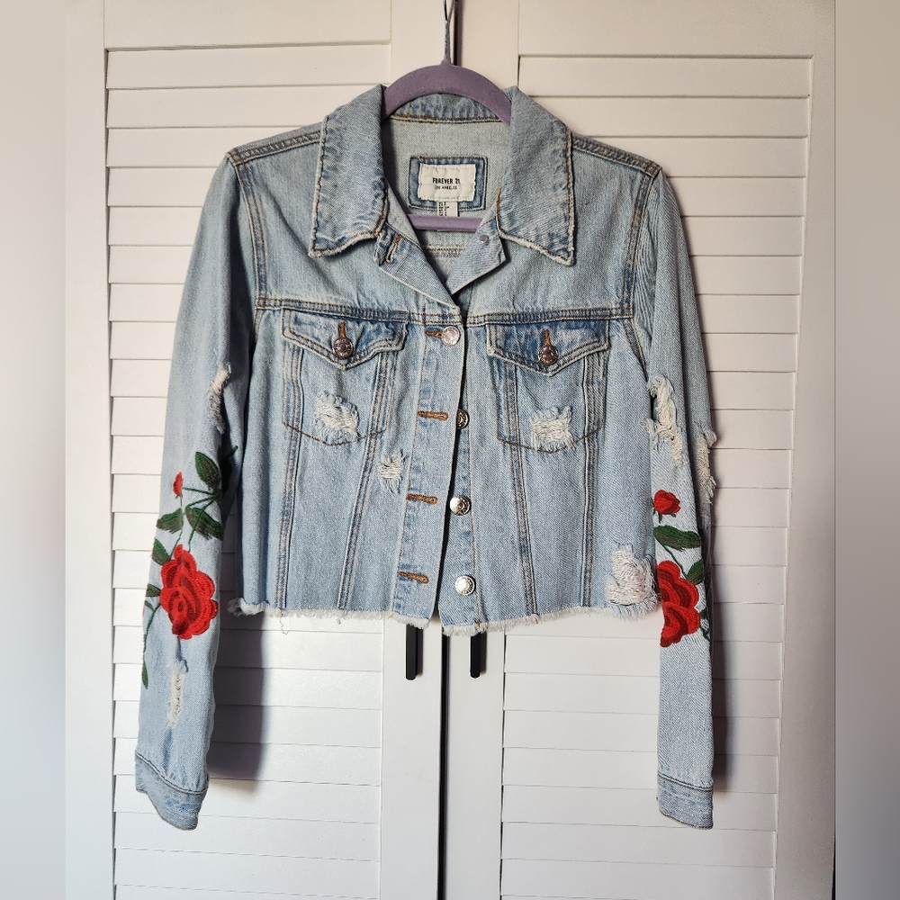 Denim Jacket with Red Rose Embroidery